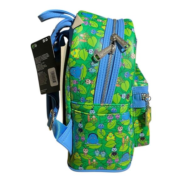 LOUNGEFLY Backpack Adult Green Disney Pixar A Bugs Life Mini All Over‎ Blue Flik